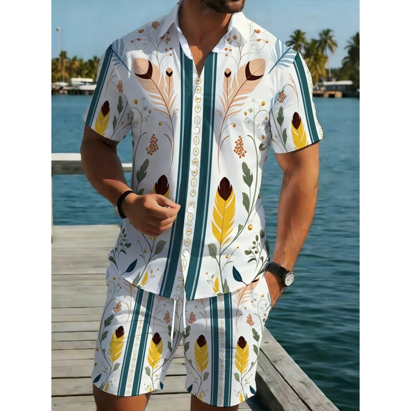 Mens 2 Piece Summer Outfit Haw - Beach Shirt Hawaiian 评论和价格