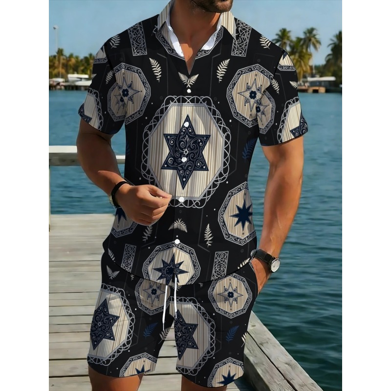 Star Pattern Mens Two Piece Sh - Beach Shirt Hawaiian 评论和价格