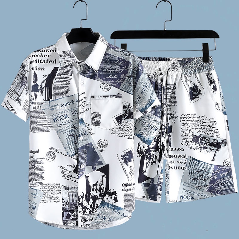 Men's Newspaper Printed 2-piec - Beach Shirt Hawaiian 评论和价格