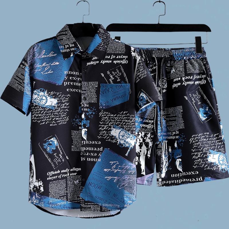 Men's Newspaper Printed 2-piec - Beach Shirt Hawaiian 评论和价格